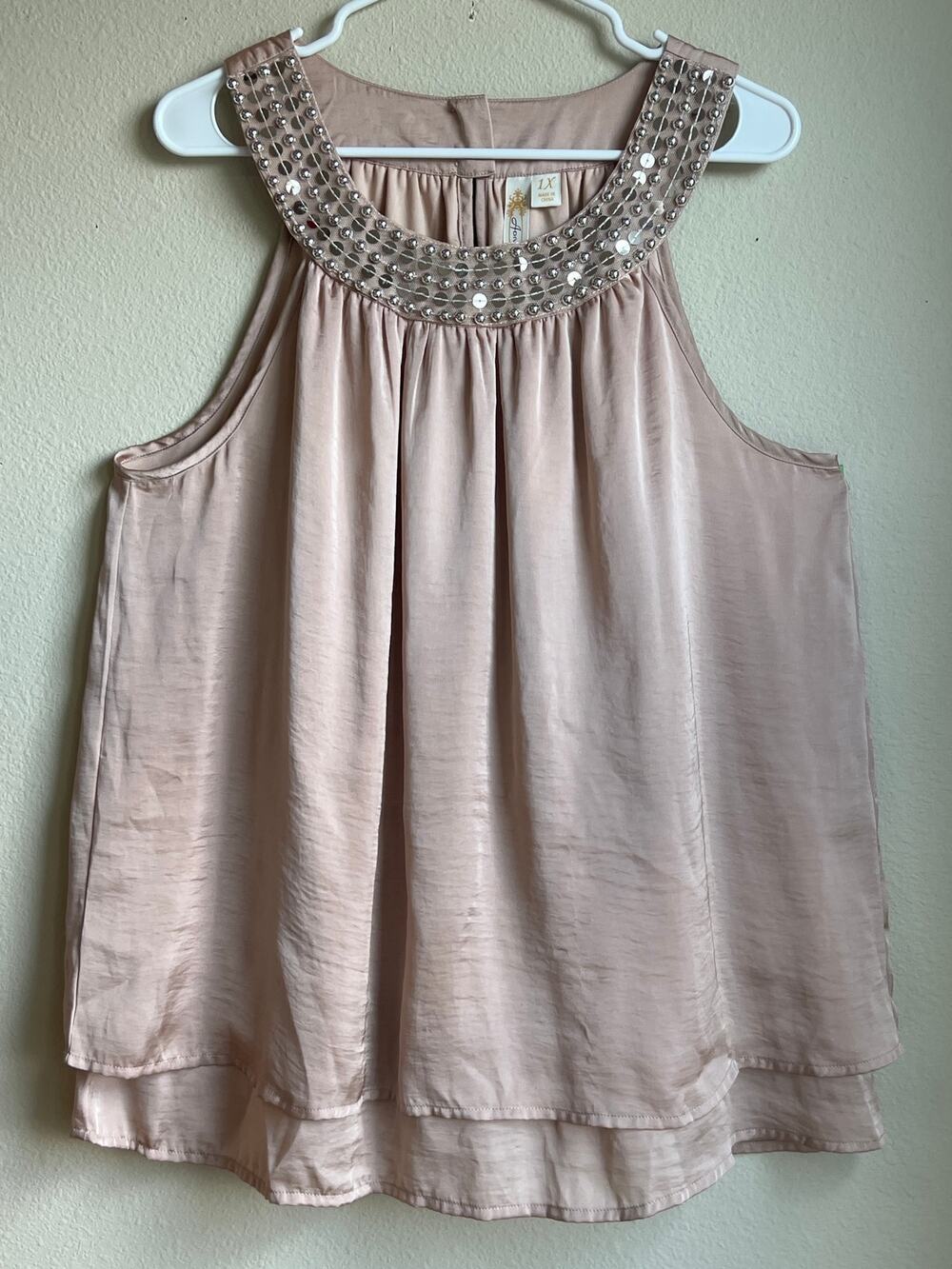 Adiva Blush Pink Sequin Beaded Neck Layered Tank Top Blouse Plus Size 1X